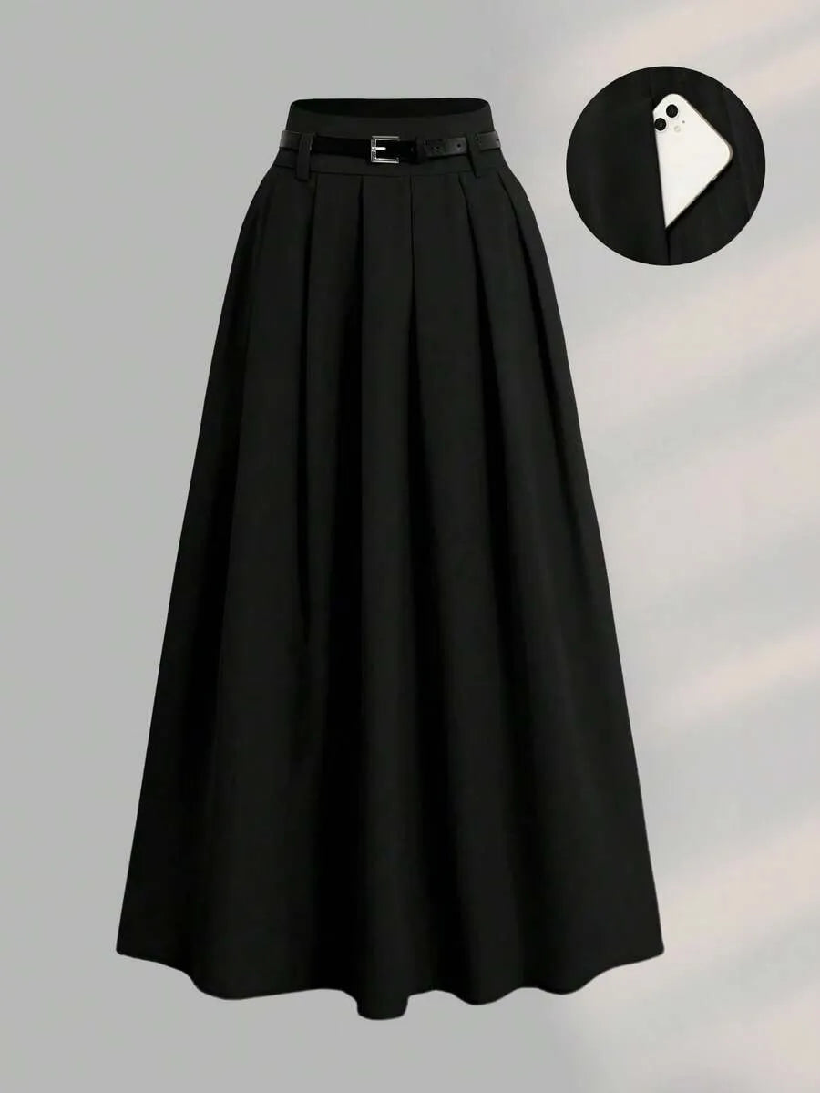 SHEIN A-Line تنورة كاجوال طويلة بخصر عالي وطيات