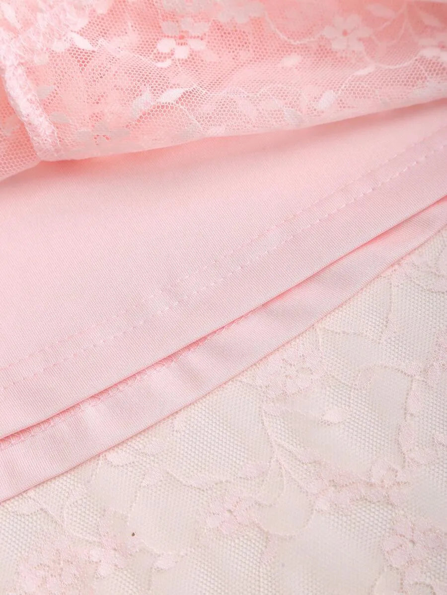 SHEIN Sweetra تنورة دانتيل بوهيمية باللون الوردي بكشكشة وقصة غير متناظرة