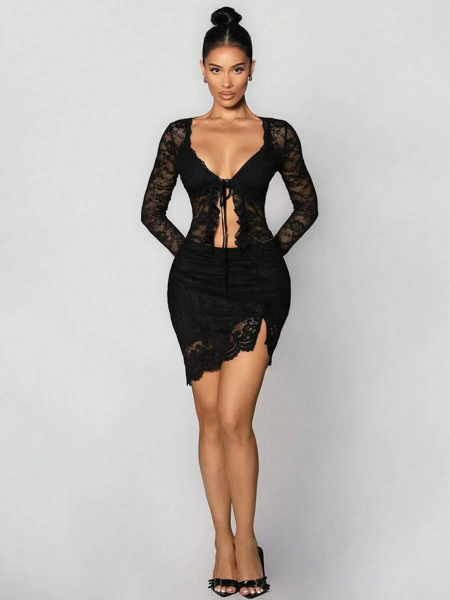 SHEIN Sirith كارديجان نسائي مزخرف بالدانتيل وربطة عنق