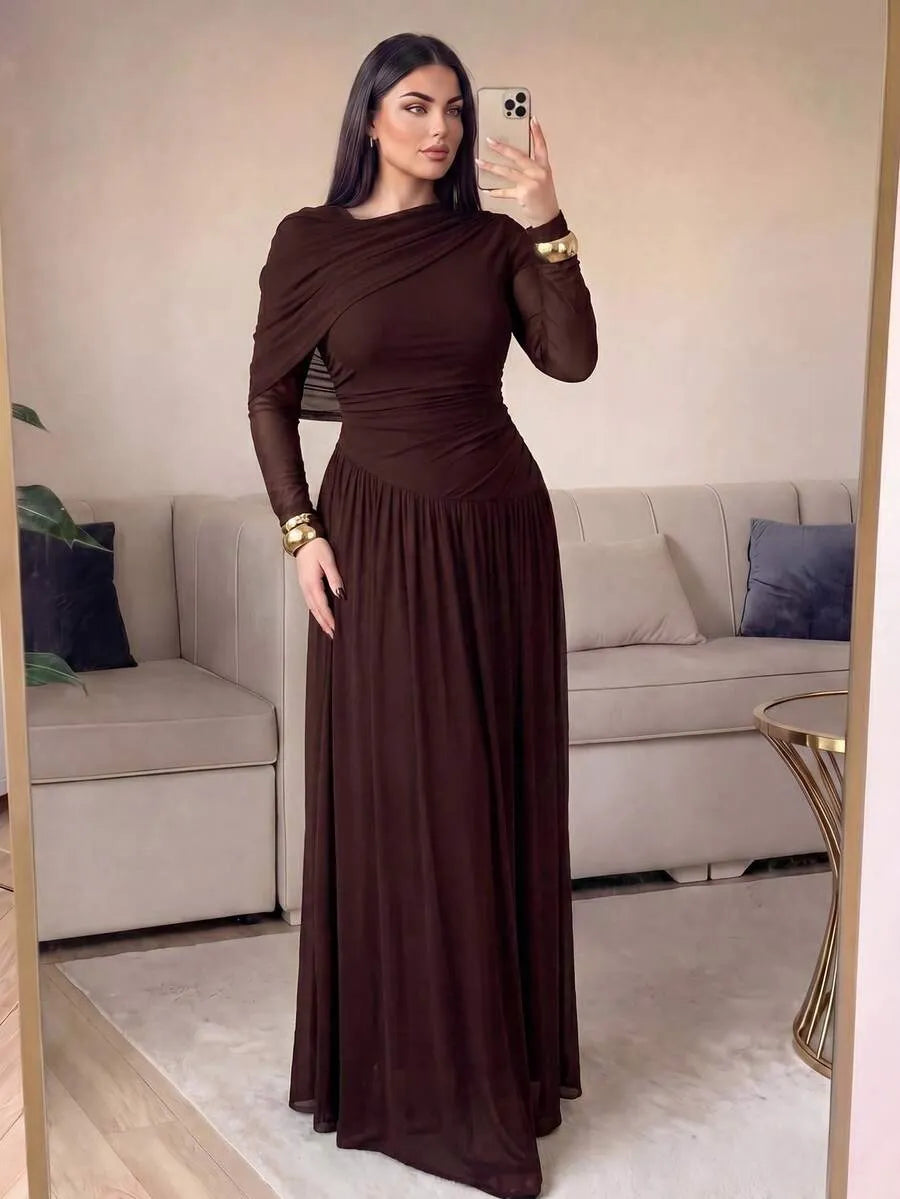 SHEIN Auveirra فستان نسائي من الشبك بتصميم غير متماثل بلون بني قهوة