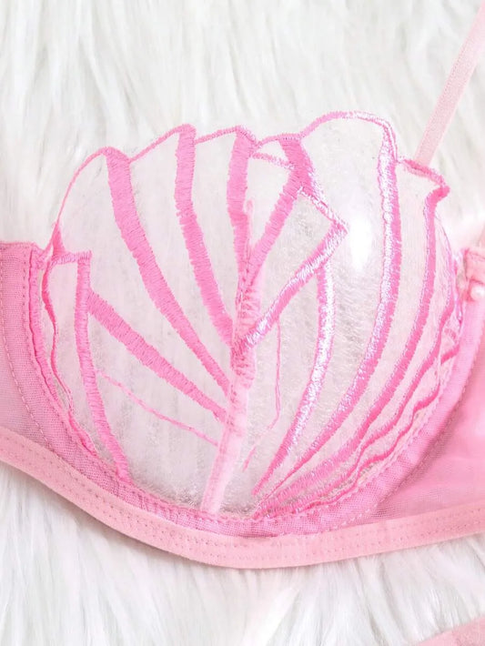 SHEIN طقم ملابس داخلية من قطعتين بتطريز وشبكة ودانتيل بلون أسود