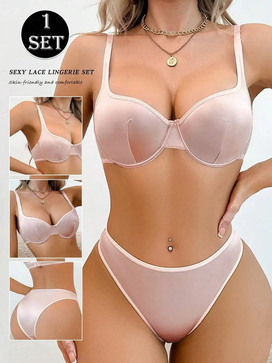 SHEIN طقم ملابس داخلية نسائي من قطعتين بحمالة صدر سلكية وثونغ بخصر متوسط بلون وردي مرجاني