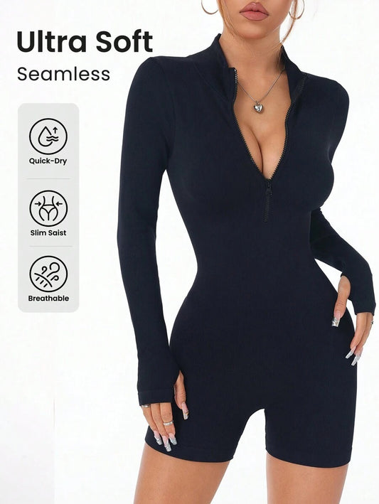 SHEIN جمبسوت رياضي أسود ضيق بسوستة