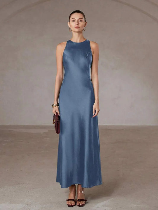 SHEIN Aveloria Modichic فستان أزرق طويل أسيمتري ساتان أسيتات بدون أكمام