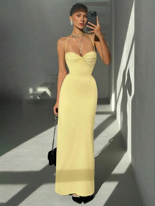 SHEIN Aloruh فستان نسائي صيفي أصفر مفتوح الظهر