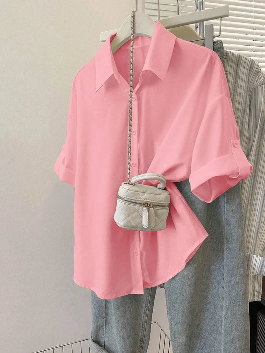 SHEIN Resyla بلوزة كاجوال بأكمام مدلفنة بلون سادة للنساء