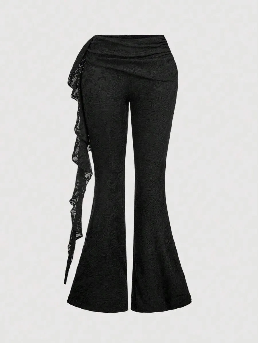 SHEIN MOD بنطلون نسائي طويل بخصر منخفض وساق ضيقة وتفاصيل دانتيل بلون أسود