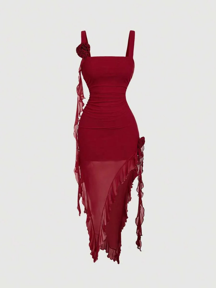 SHEIN MOD فستان نسائي طويل ضيق بتصميم زهري ثلاثي الأبعاد وحافة غير متماثلة بلون عنابي