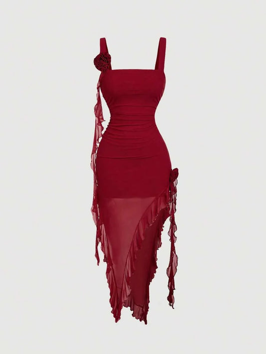 SHEIN MOD فستان نسائي طويل ضيق بتصميم زهري ثلاثي الأبعاد وحافة غير متماثلة بلون عنابي