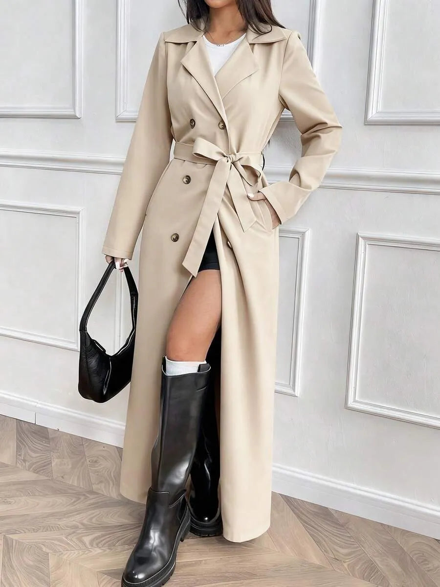SHEIN معطف طويل مزدوج الصدر بحزام وجيوب بلون كاكي