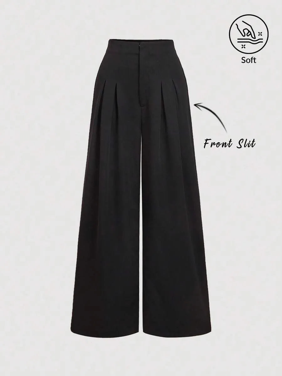 SHEIN MOD بنطلون نسائي بخصر عالٍ جداً وثنيات وساق واسعة بلون أسود