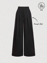 SHEIN MOD بنطلون نسائي بخصر عالٍ جداً وثنيات وساق واسعة بلون أسود
