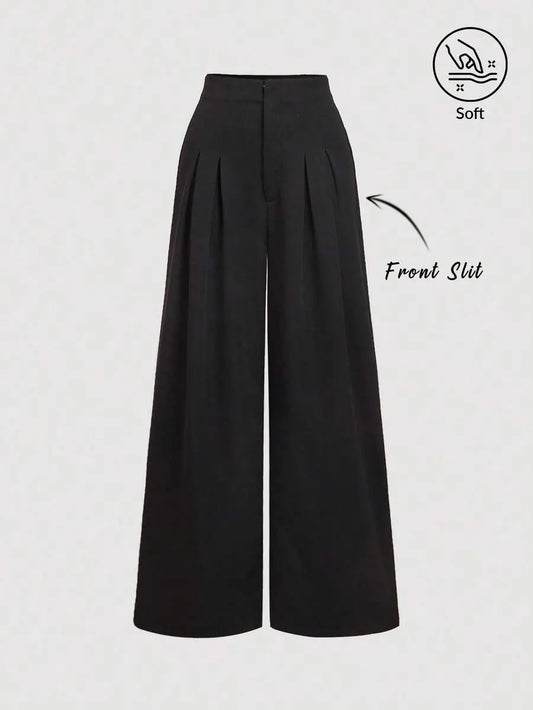 SHEIN MOD بنطلون نسائي بخصر عالٍ جداً وثنيات وساق واسعة بلون أسود