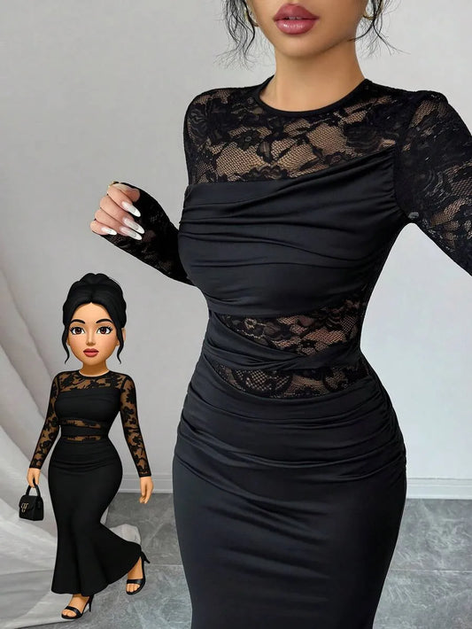 SHEIN Allurite فستان نسائي أسود من الحرير الحليبي بأكمام طويلة وتفاصيل دانتيل