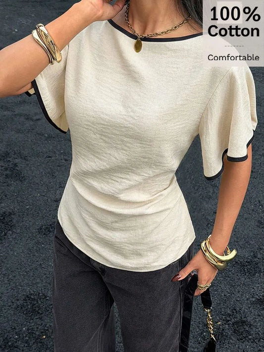 SHEIN Siren Gaze توب قطن 100% بأكمام قصيرة وتريم تباين الخصر