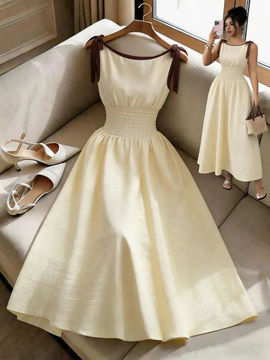 SHEIN Selianne A فستان طويل بياقة قارب وربطة عنق بخصر