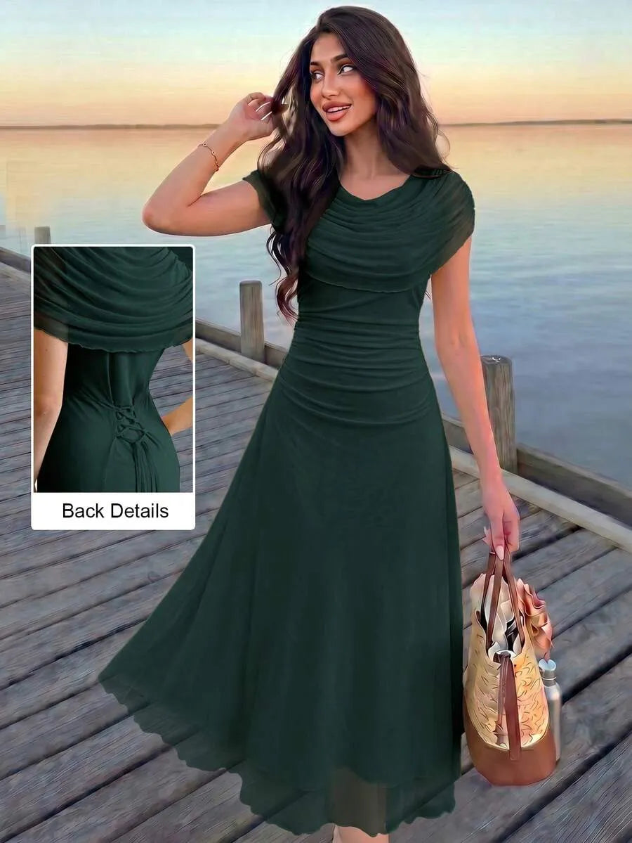 SHEIN Modelyn فستان سهرة نسائي طويل أخضر من التول بطيات وربطة خلفية