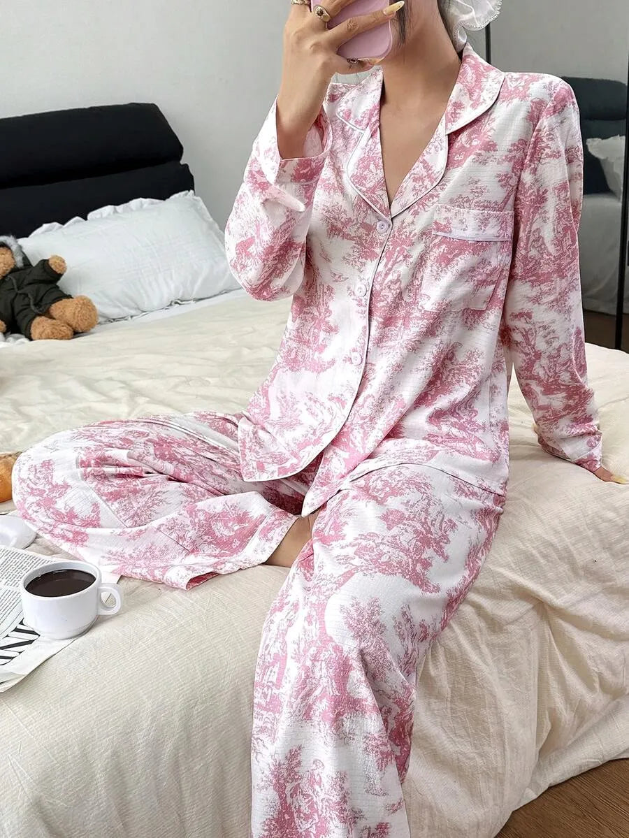 SHEIN طقم بيجامة قطعتين بياقة كارديجان بلون أبيض