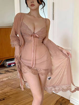 SHEIN DAZY طقم قطعتين فستان نوم وروب من الشبك والدانتيل