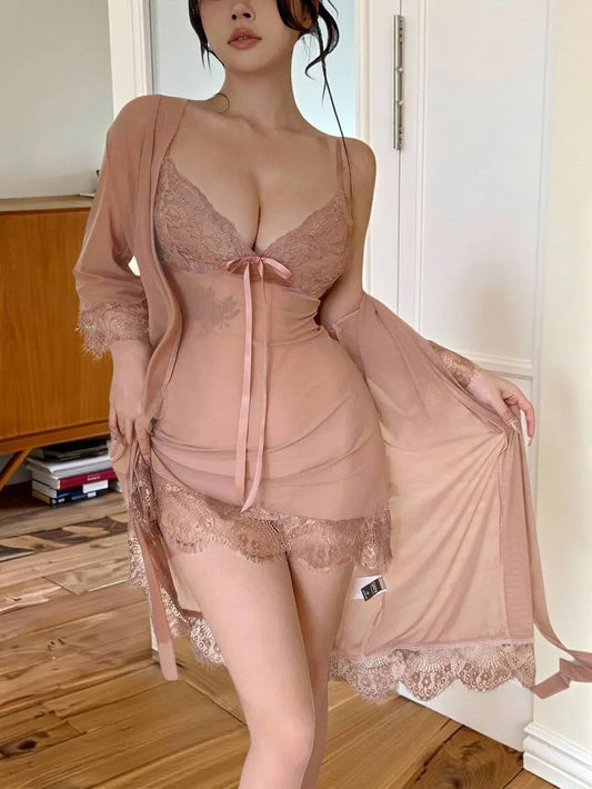 SHEIN DAZY طقم نوم 2 قطعة بلون مشمشي شبك ودانتيل بدون أكمام وفستان بأكمام طويلة
