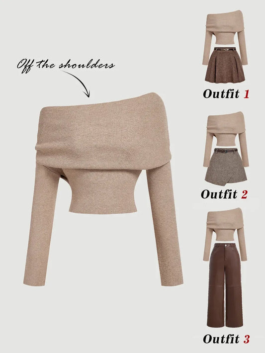 SHEIN MOD كنزة نسائية محبوكة بياقة كتف مكشوف وأكمام طويلة بلون كاكي
