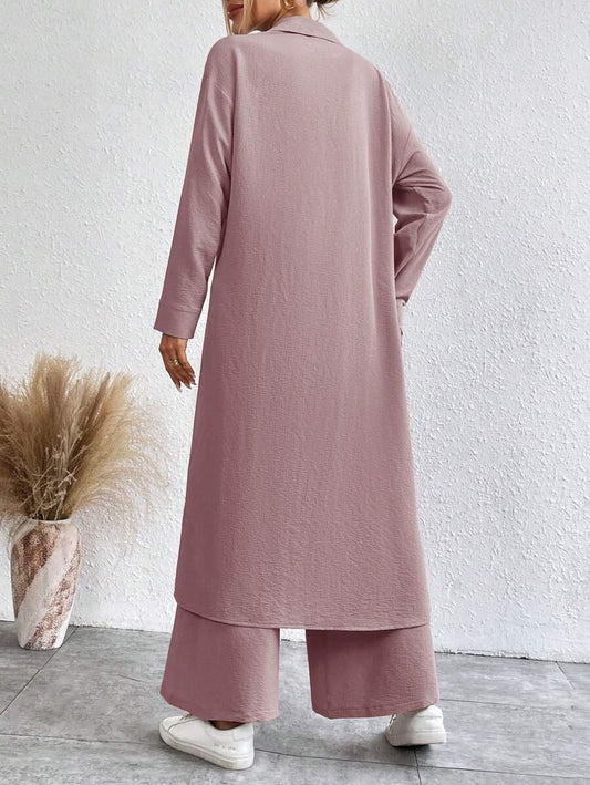 SHEIN LUNE طقم  قطعتين بلوزة طويلة وبنطلون واسع بلون وردي