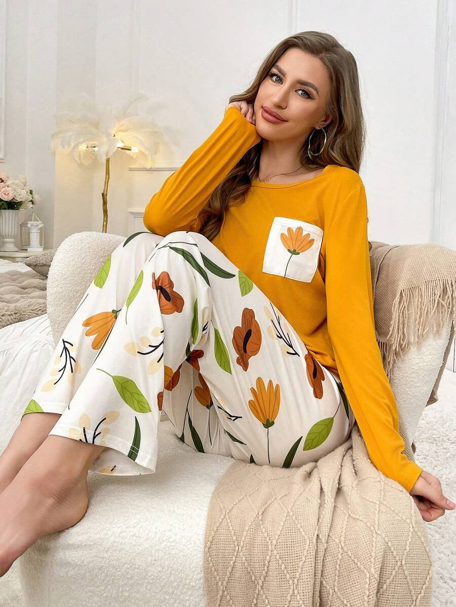 SHEIN طقم بيجامة بأكمام طويلة مطبوع وبنطلون مطبوع