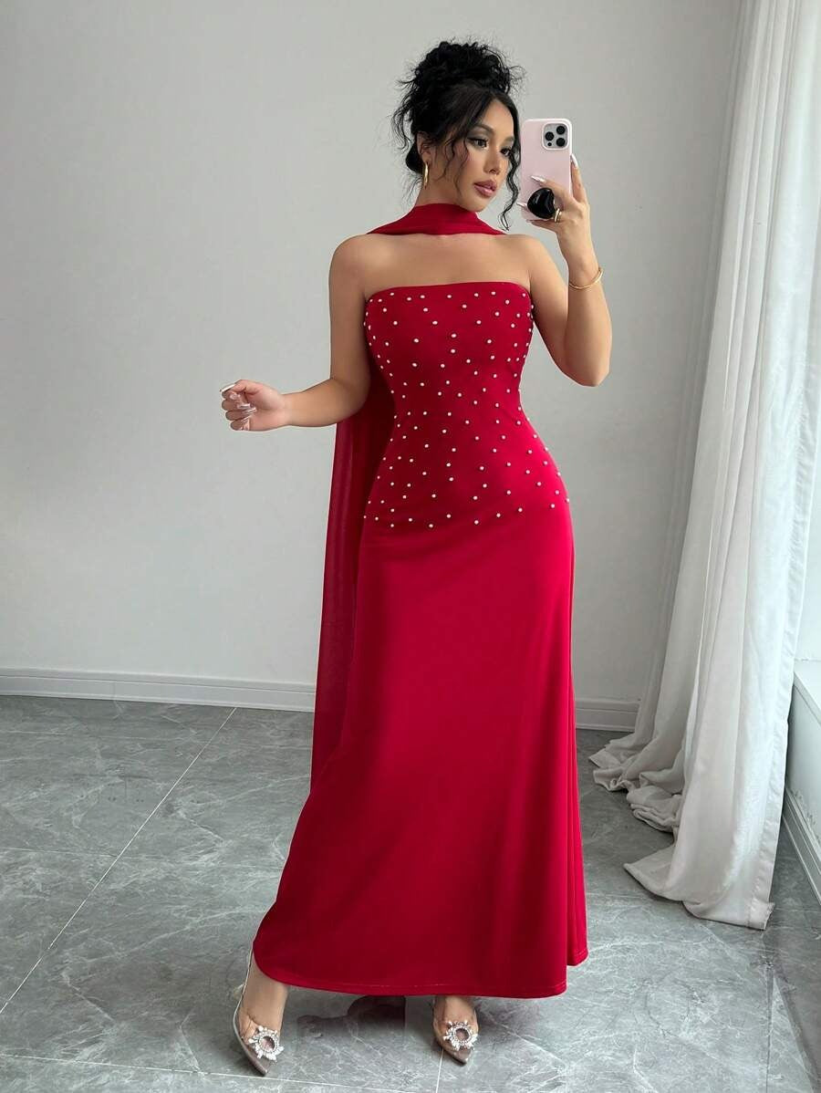 SHEIN Rafferiza فستان أحمر ماكسي طويل مزين بلؤلؤ