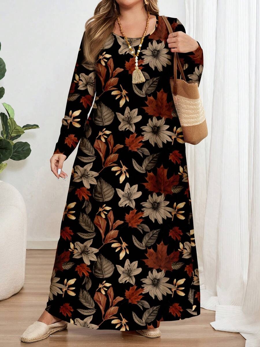 SHEIN فستان بطبعة أوراق خريف بأكمام طويلة وجيوب