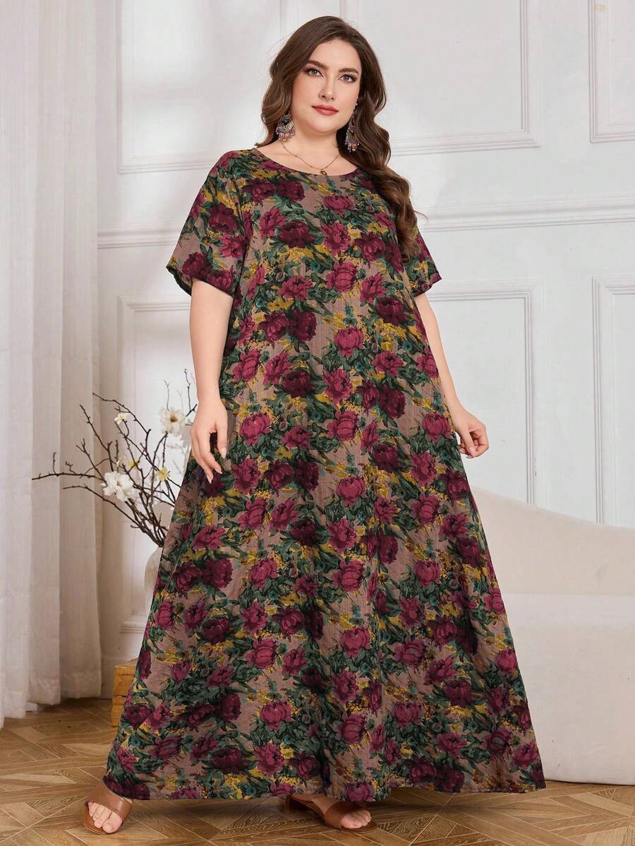SHEIN فستان بوهيمي مطبع برسومات زهور بأكمام خفاش