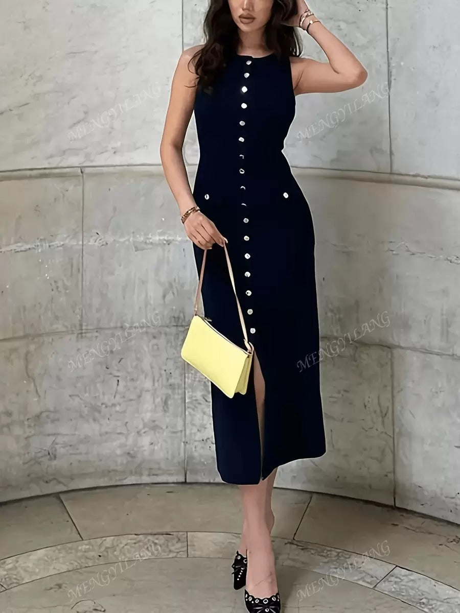 SHEIN  فستان ماكسي طويل بدون أكمام بلون أزرق بحري