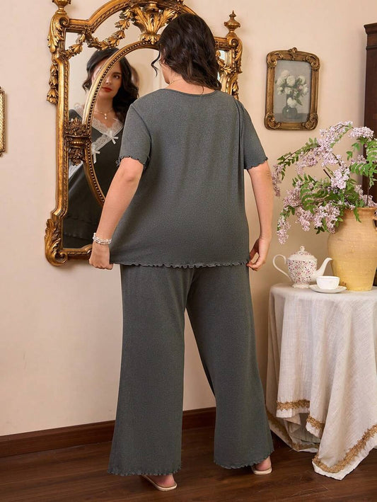 SHEIN بيجامة رمادي غامق بفيونكة ناعمة