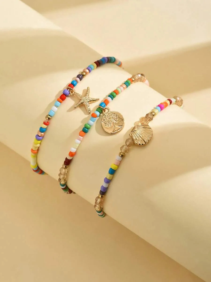 SHEIN أساور كاحل لؤلؤ وخرز ونجمة بحر وقواقع 3 قطع