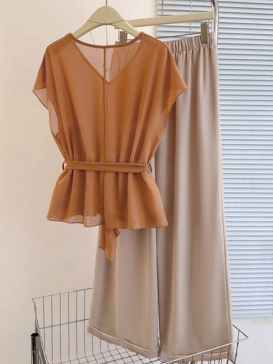 SHEIN Franclia طقم كاجوال خفيف من قطعتين بلوزة وبنطلون بلون برتقالي