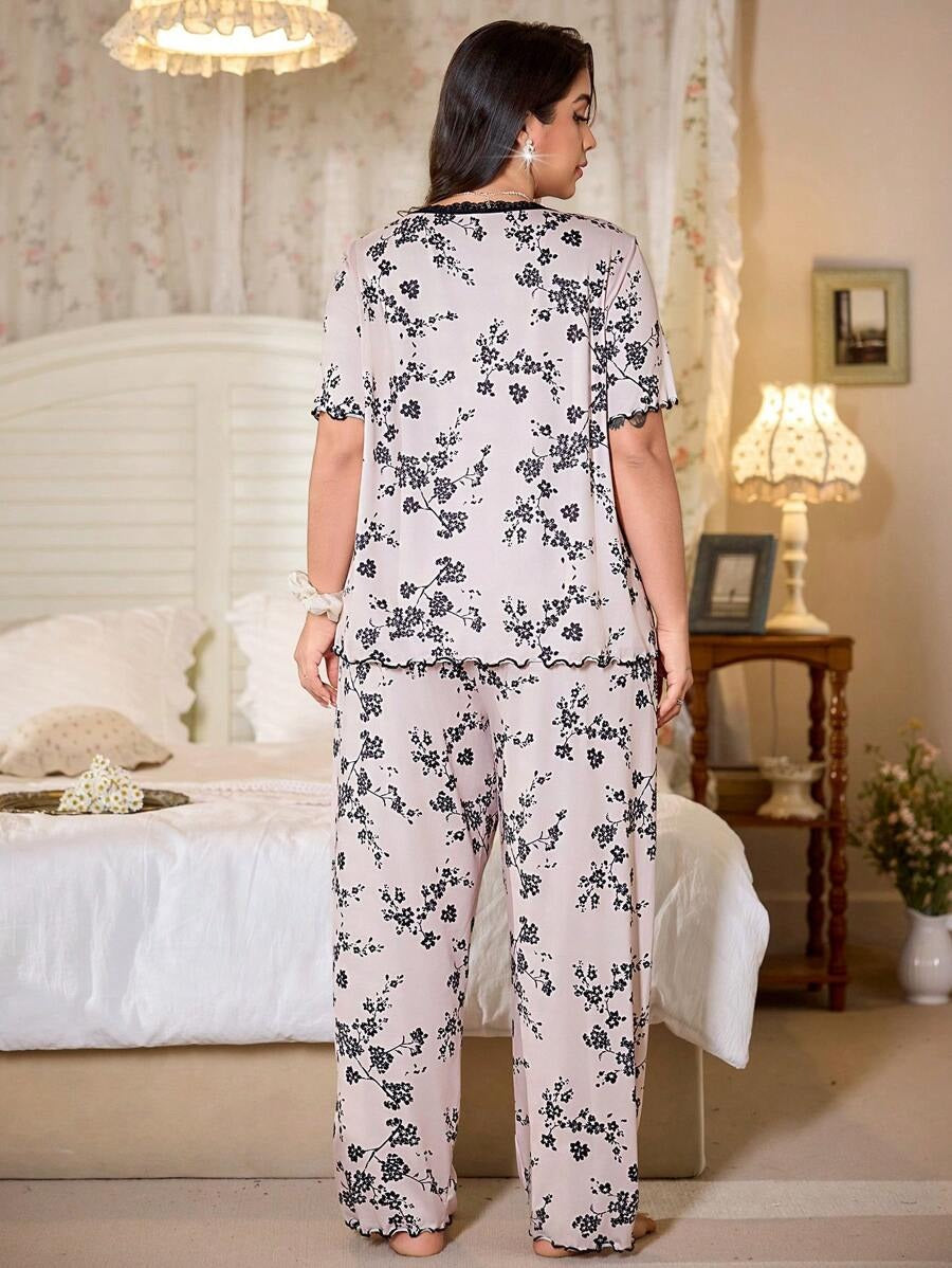 SHEIN طقم نوم بناتي مطبوع بدانتيل وورود صغيرة