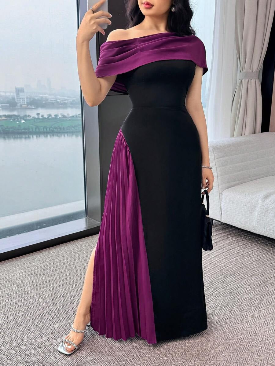 SHEIN Feyla فستان طويل أنيق مطوي بكتف غير متماثل