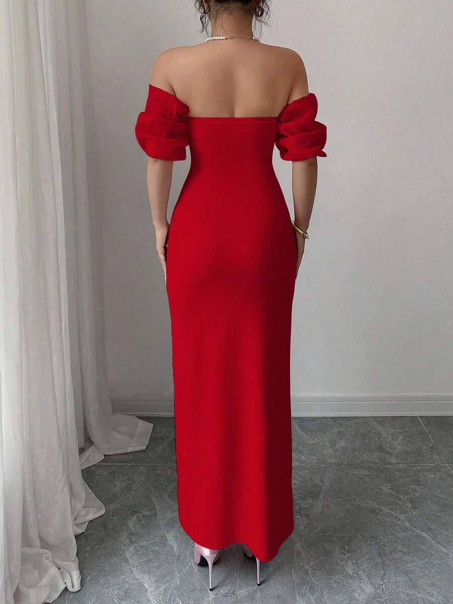 SHEIN Elenzga  فستان أحمر أنيق بكتف مكشوف