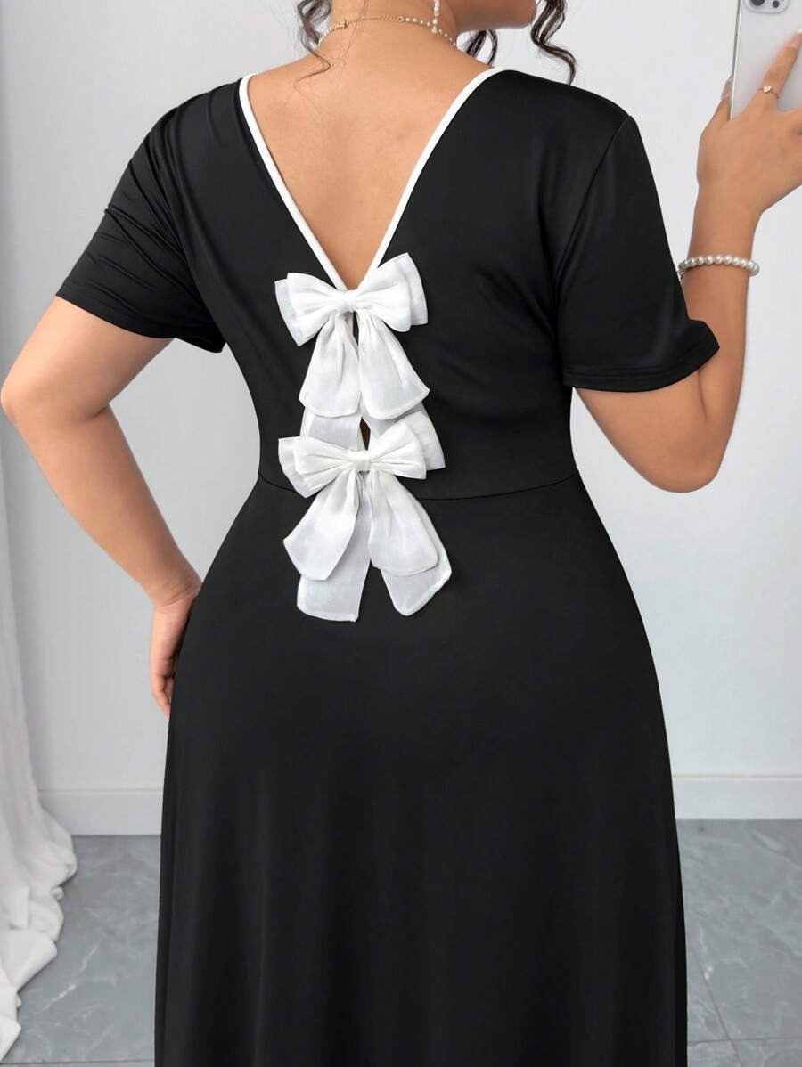 SHEIN Elenzga فستان أسود أنيق بقصة فرنسية ربطة فراشة