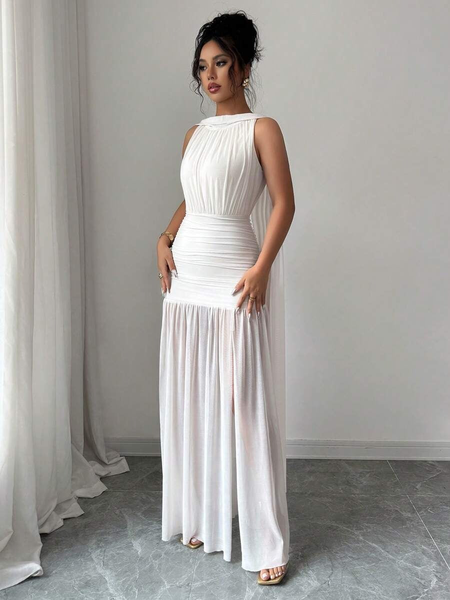 SHEIN Elenzga فستان طويل مشمشي بدون أكمام