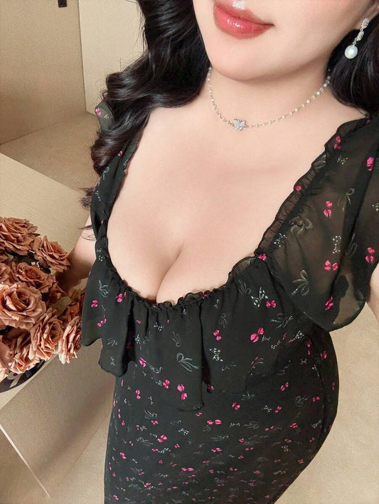 SHEIN فستان ناعم وخفيف بقماش شيفون مبطن شيفون أسود مطبع بالورد