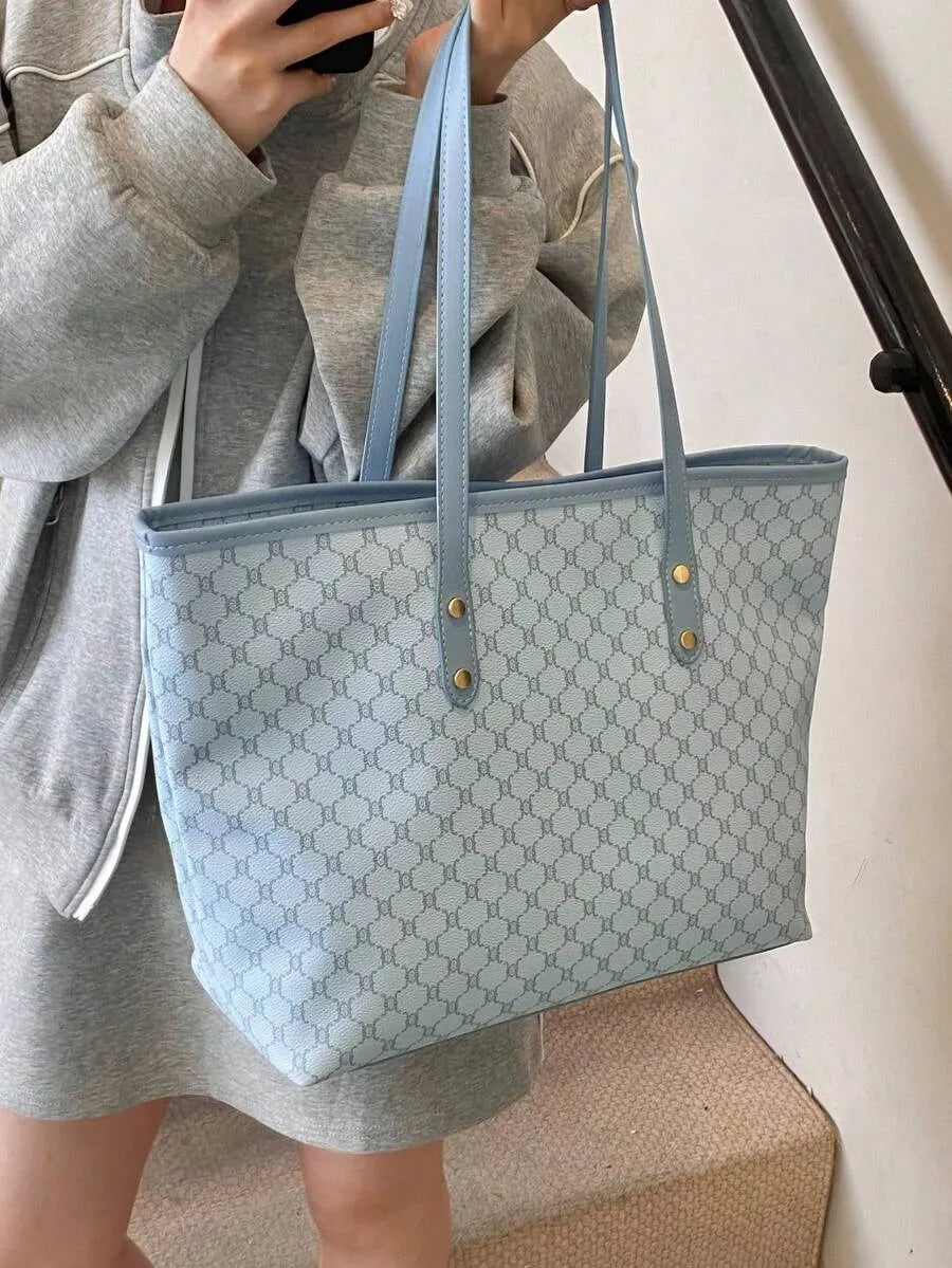 SHEIN SHIMEINI حقيبة تسوق وطالب كبيرة السعة بتصميم رقعي موضة أوروبية وأمريكية