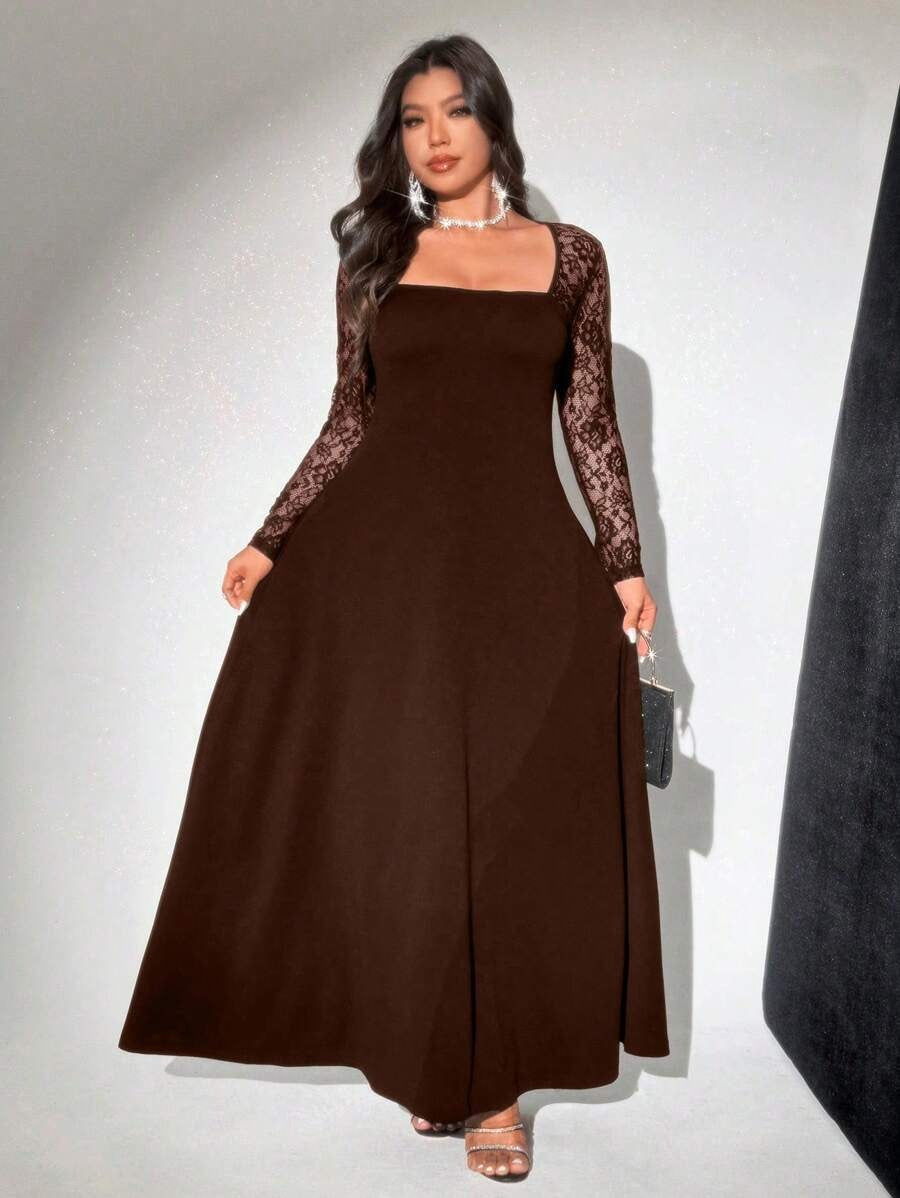 SHEIN Viva Relle فستان طويل بني بأكمام دانتيل للمقاسات الكبيرة