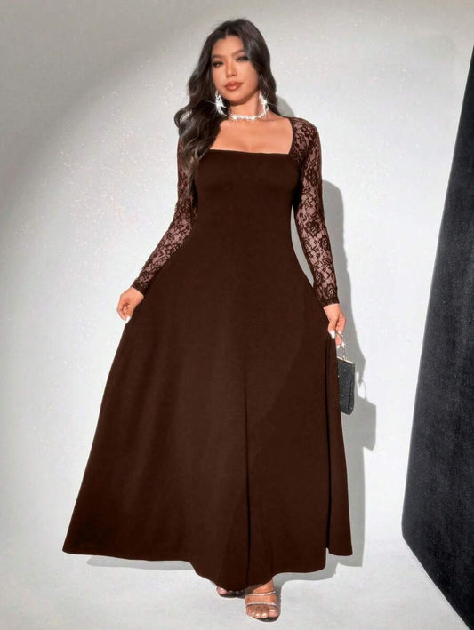 SHEIN Viva Relle فستان طويل بني بأكمام دانتيل للمقاسات الكبيرة