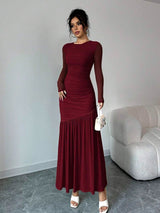 SHEIN Firerie فستان عنابي بأكمام طويلة وياقة دائرية