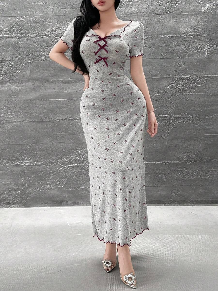 SHEIN Feyla فستان طويل مطبوع بطبعة فيونكة بقصة كاجوال