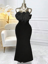 SHEIN Selianne فستان أسود طويل شيفون مزين بزهرات