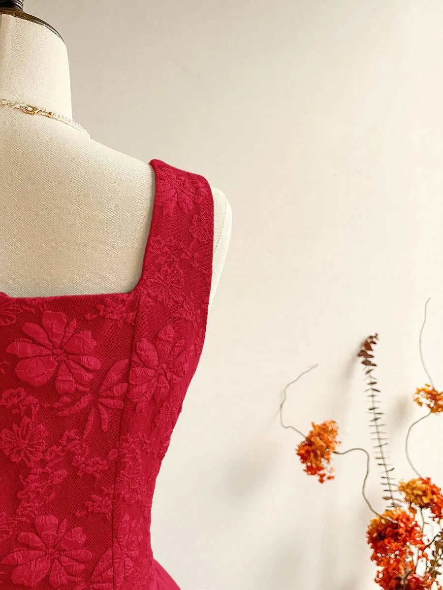 SHEIN Vintamour فستان بلون الأحمر منتصف الطول بدون أكمام بخصر عالي