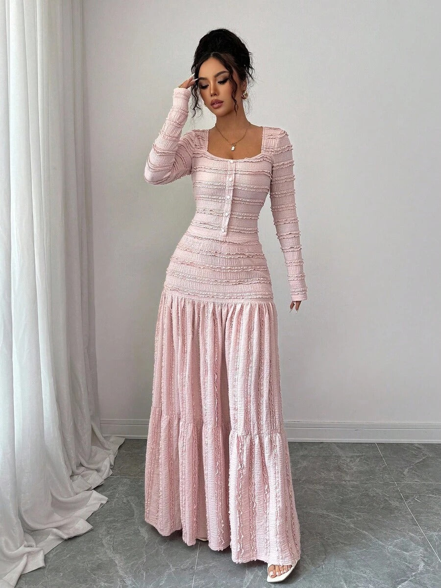 SHEIN Selianne طقم نسائي وردي من قطعتين بلوزة+تنورة طويلة