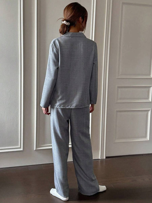 SHEIN بيجامة نسائية كاجوال بقماش متداخل وأكمام طويلة