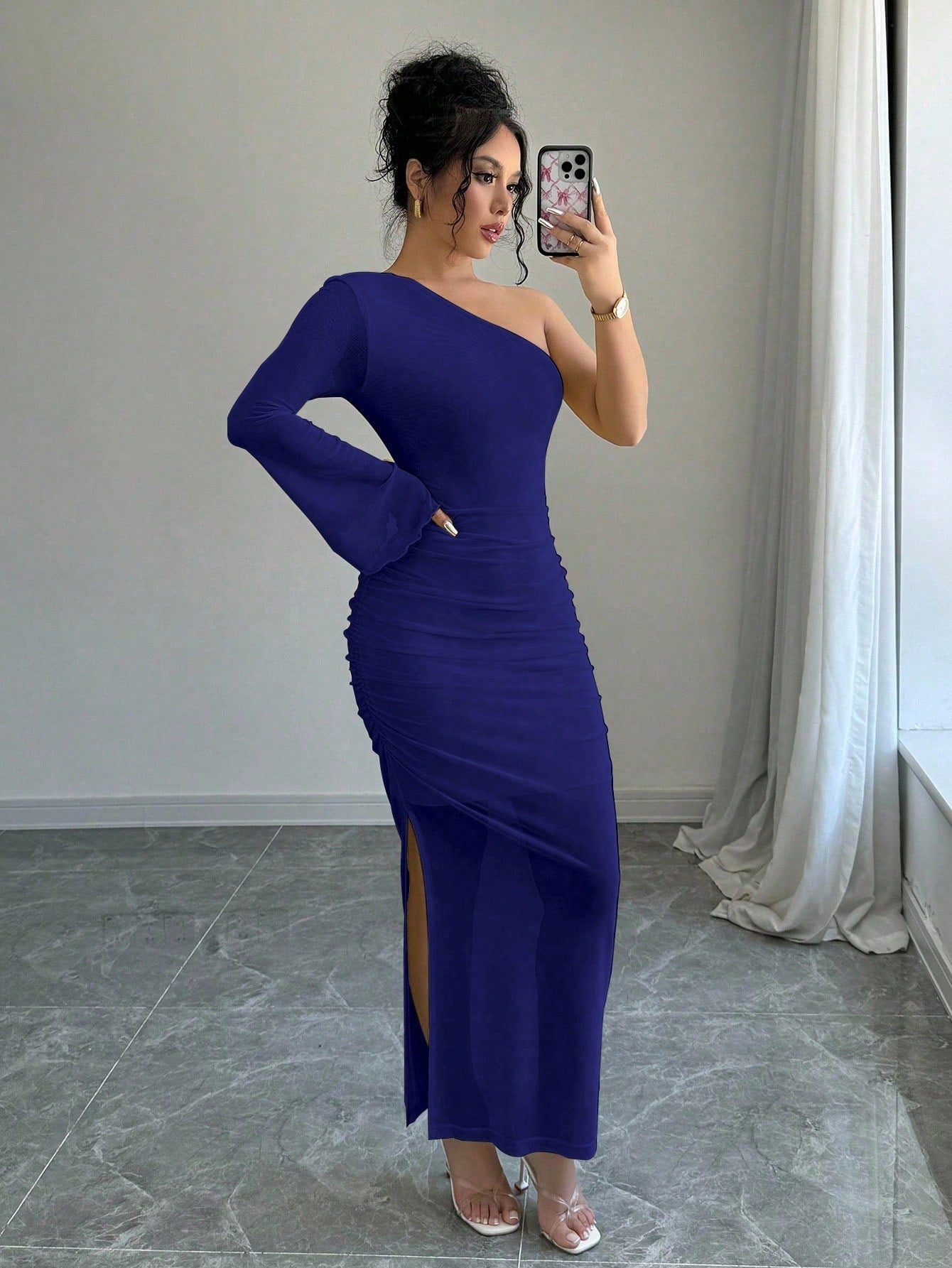 SHEIN Rafferiza فستان ماكسي بأكمام طويلة وياقة غير متماثلة